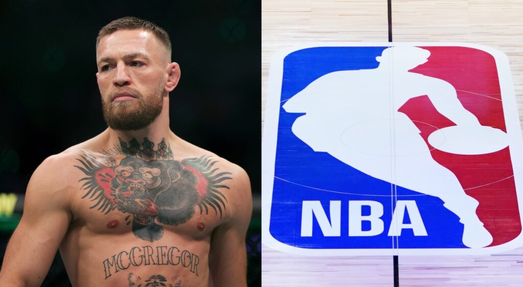 A split image of Conor McGregor in the octagon and the NBA logo on the court.