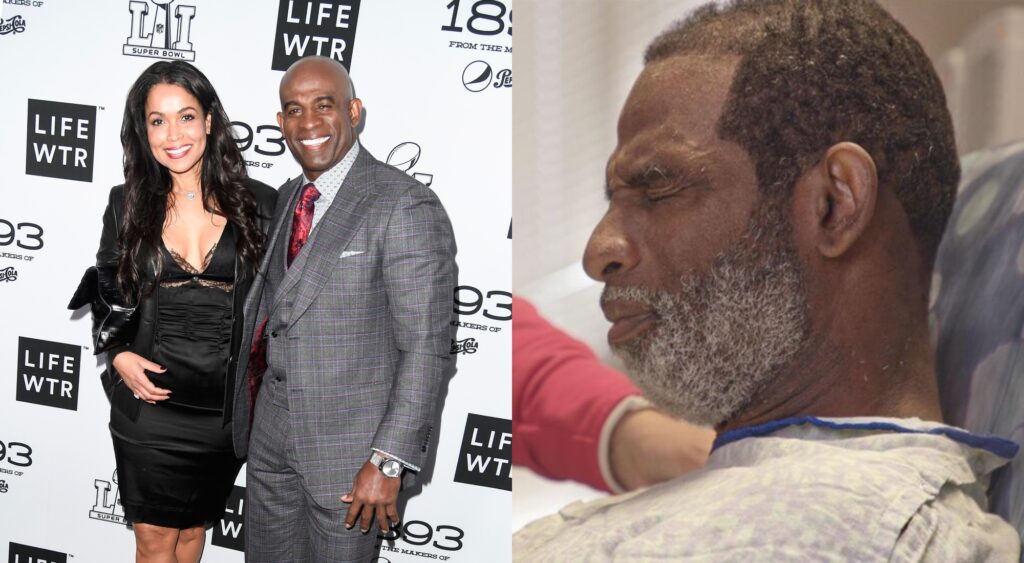 Split image of Deion Sanders with Tracy Edmonds and Deion Sanders wincing in pain in a medical bed.