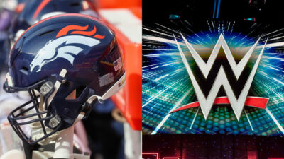 Photo of Denver Broncos and photo of WWE logo