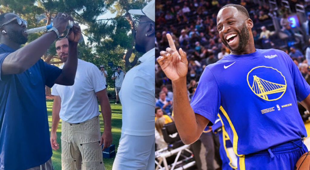 Photo of Draymond Green chugging a beer and photo of Draymond Green laughing