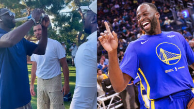 Photo of Draymond Green chugging a beer and photo of Draymond Green laughing