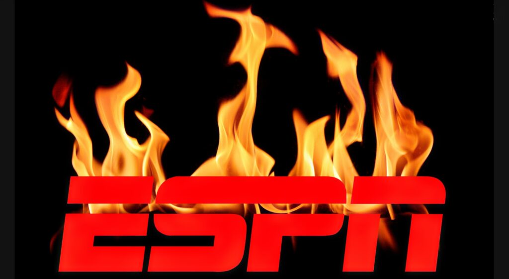 ESPN logo with flames behind it.