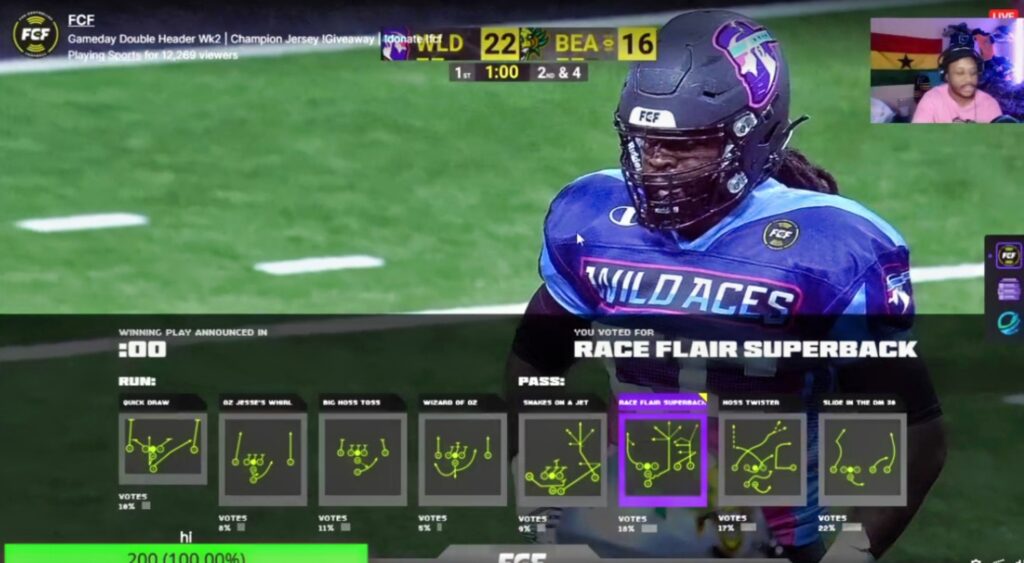 Fan Controlled Football League player on field with plays on screen