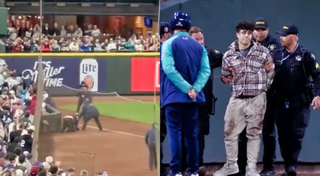 Split image of fan falling out of stands and fan getting arrested for running onto the field.