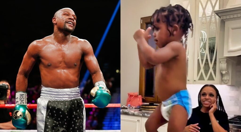 Photo of Floyd Mayweather in boxing ring and photo of Floyd Mayweather's grandson KJ shadowboxing