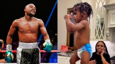 Photo of Floyd Mayweather in boxing ring and photo of Floyd Mayweather's grandson KJ shadowboxing