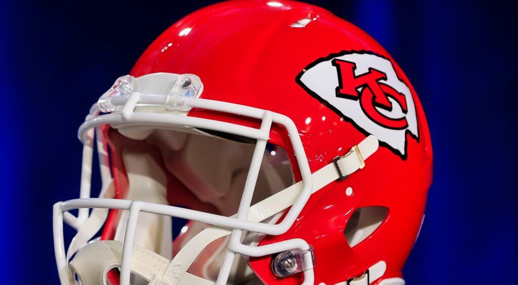 A Chiefs helmet on display at Roger Goodell's Super Bowl Press Conference.