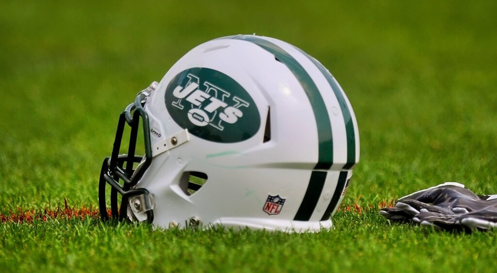 New york Jets helmet on the field.