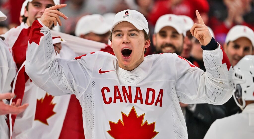 Connor Bedard celebrates after winning gold at the World Junior championships.