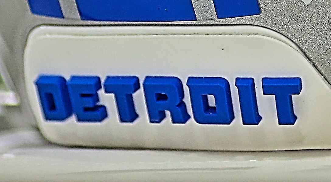 Word Detroit on the back of Lions helmet