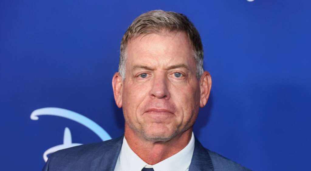 Troy Aikman looking on at 2022 ABC Disney Upfront at Basketball City.