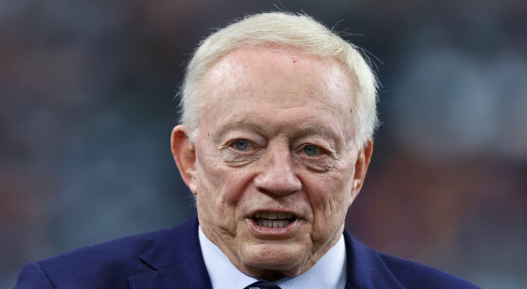 Dallas Cowboys owner Jerry Jones looking on before game.