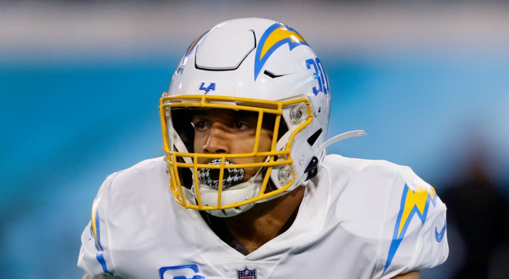 Austin Ekeler of Los Angeles Chargers warming up during playoff game vs. Jacksonville Jaguars.