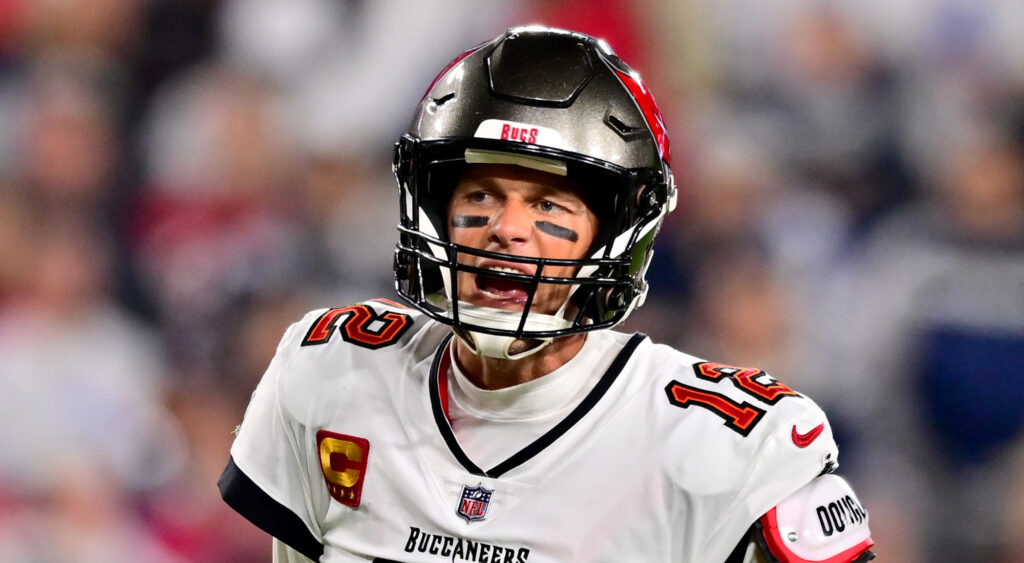 Tom Brady of Tampa Bay Buccaneers reacting during playoff game vs. Dallas Cowboys.