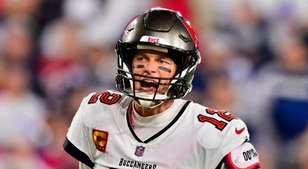 Tampa Bay Buccaneers' quarterback Tom Brady reacting during game.