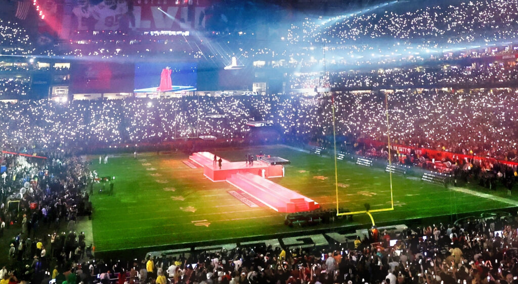 Rihanna performing at Super Bowl 57 halftime show in Glendale, Arizona.