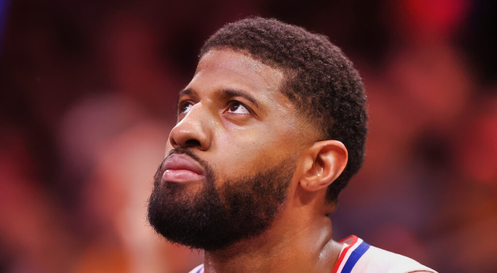 Paul George of Los Angeles Clippers looking on the bench.