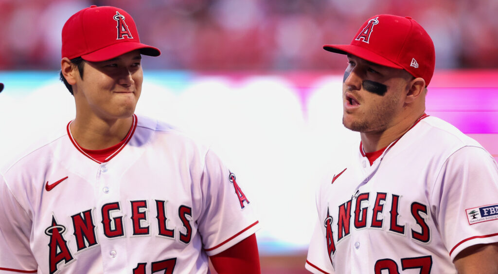 Shohei Ohtani (left) and Mike Trout (right) of Los Angeles Angels lining up for National Anthem.