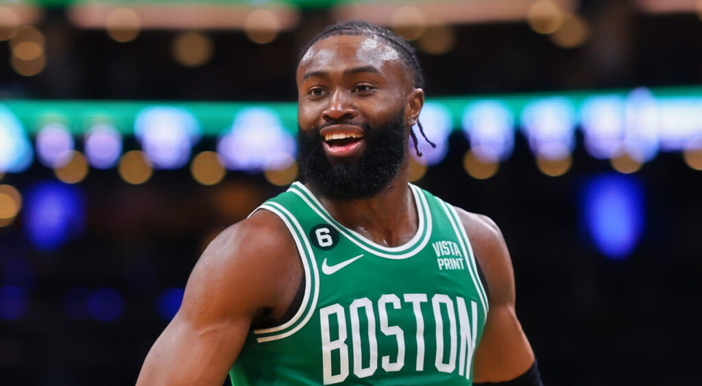 Boston Celtics' star Jaylen Brown reacting during game vs. Miami Heat.
