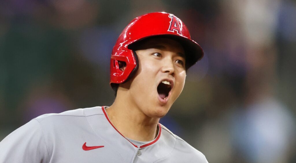 Shohei Ohtani of Los Angeles Angels reacting after hitting home run.