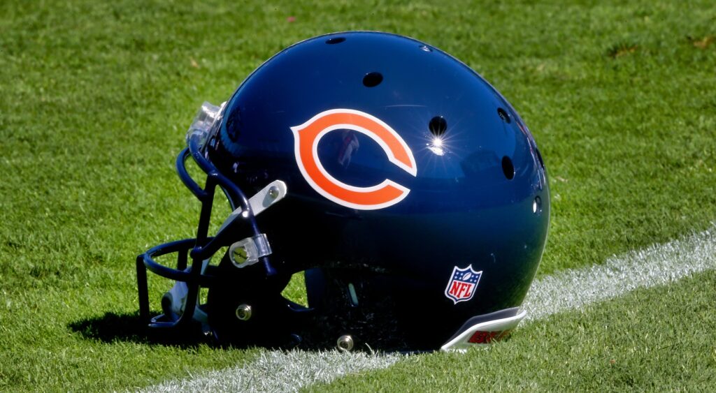 Chicago Bears helmet on the field.