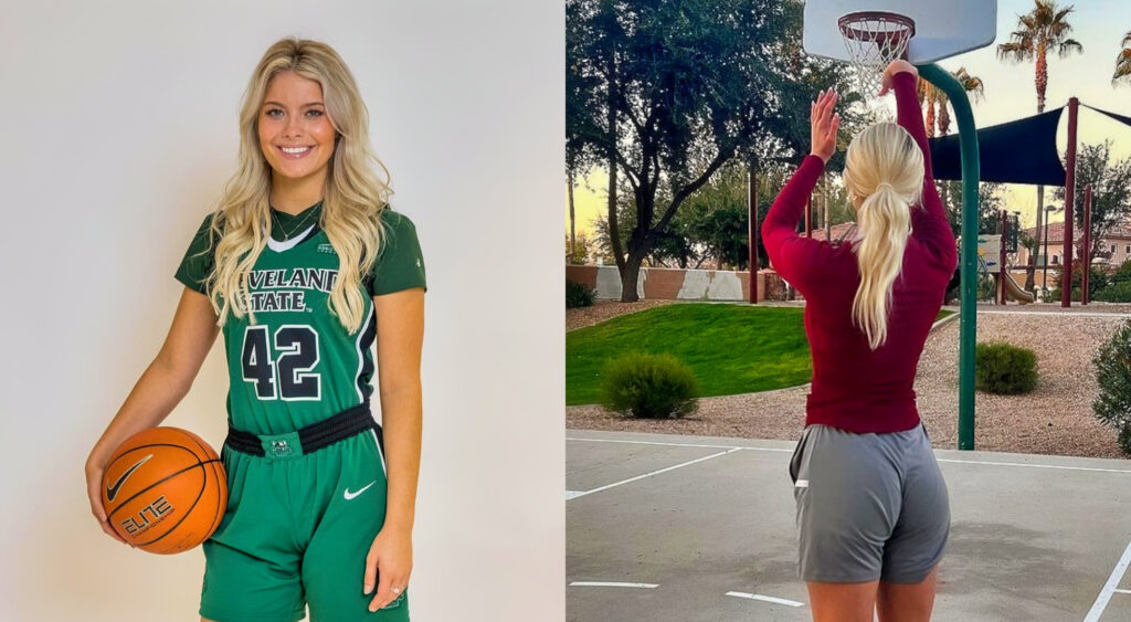 Photo of Hannah White in Cleveland State uniform holding a basketball and photo of Hanah White shooting a basketball