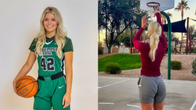 Photo of Hannah White in Cleveland State uniform holding a basketball and photo of Hanah White shooting a basketball