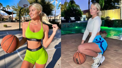 Photos of Hannah White posing with a basketball