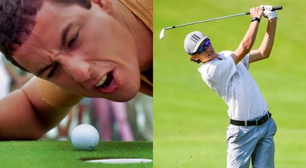 Split image of Adam Sandler yelling at the ball in the Happy Gilmore movie and the real Happy Gilmore hitting a ball on the fairway.