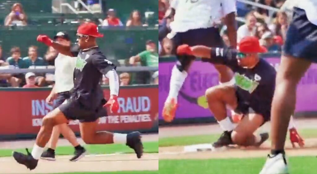Split image of Jalen Hurts sliding into third case during a charity softball game.