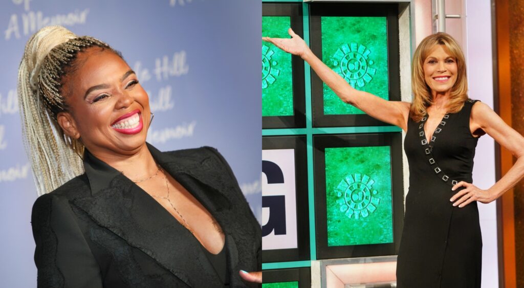 Split image of Jemele Hill laughing and Vanna White pointing to the wheel of fortune board.