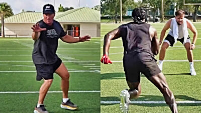 Photo of Jon Gruden instructing wideout and photo of wideout running route in training