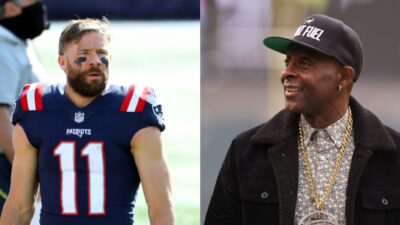 Jerry Rice smiling. Julian Edelman in uniform
