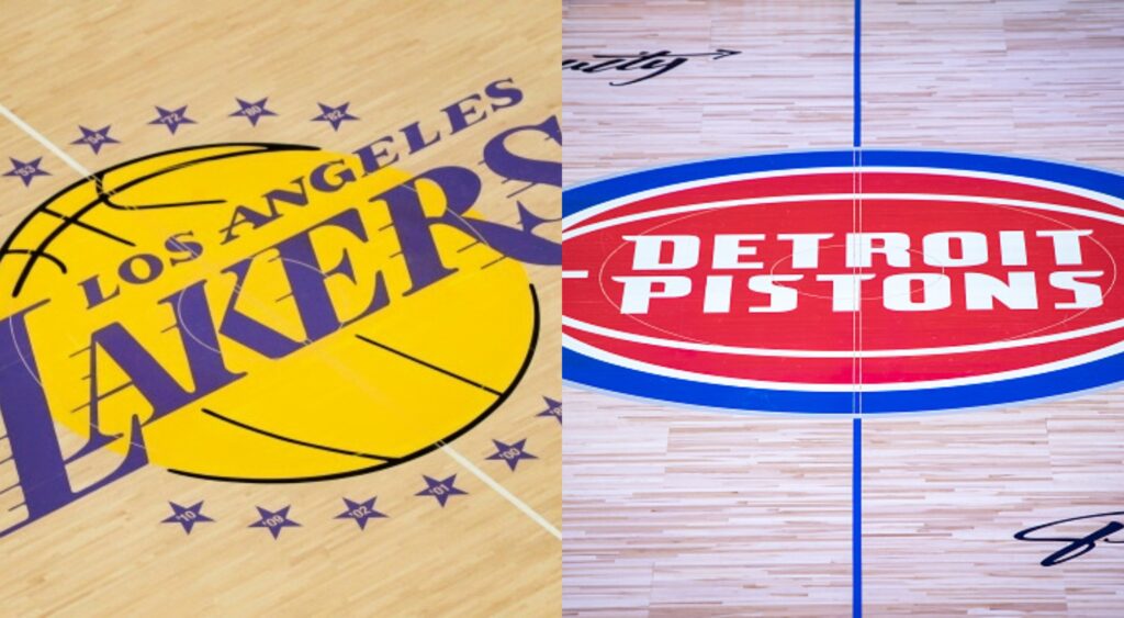 Split image of the Lakers logo on the court and the Pistons logo on the court.