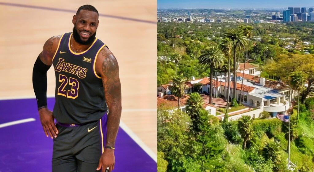 Photo of LeBron Jameswith a hand on his waist and photo of LeBron James' mansion in Beverly Hills