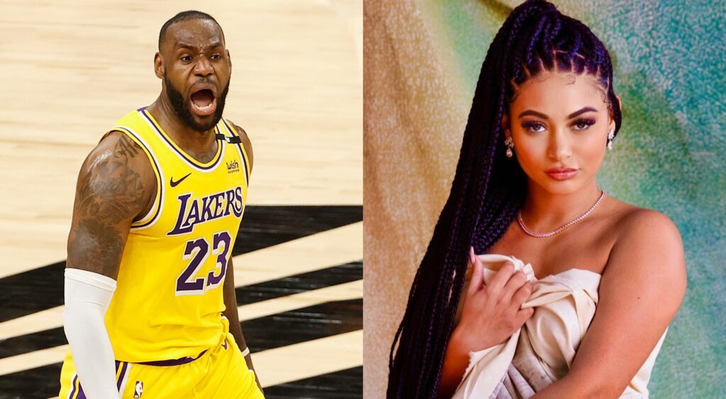 Split image of LeBron James yelling on the court and himynamesteee posing for the camera.