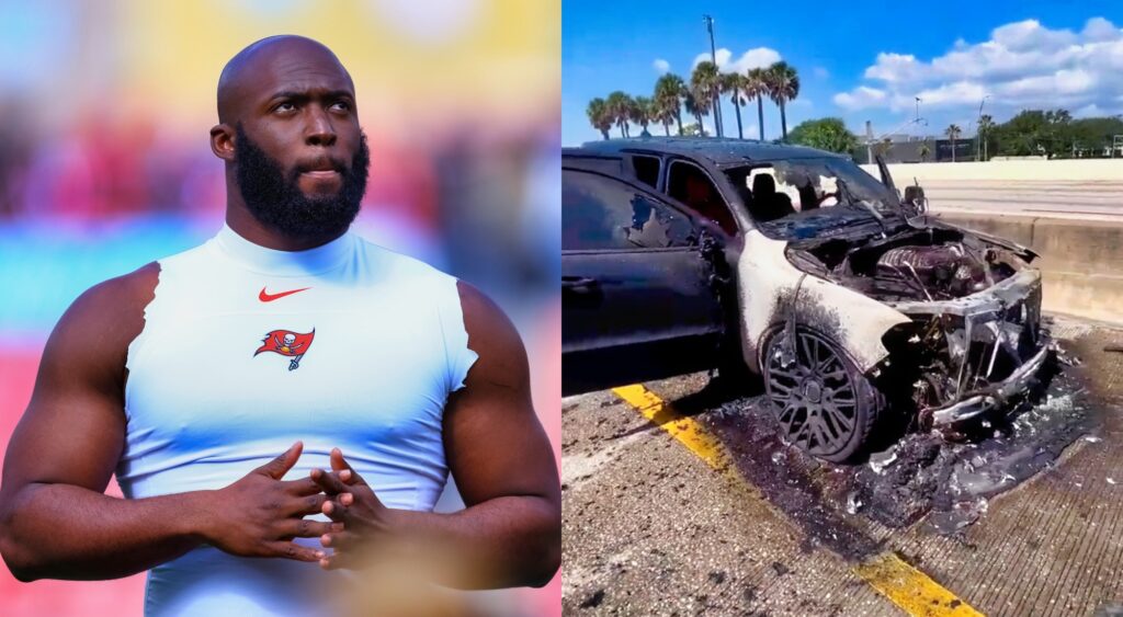 Split image of Leonard Fournette at training camp and his burnt SUV after the fire.