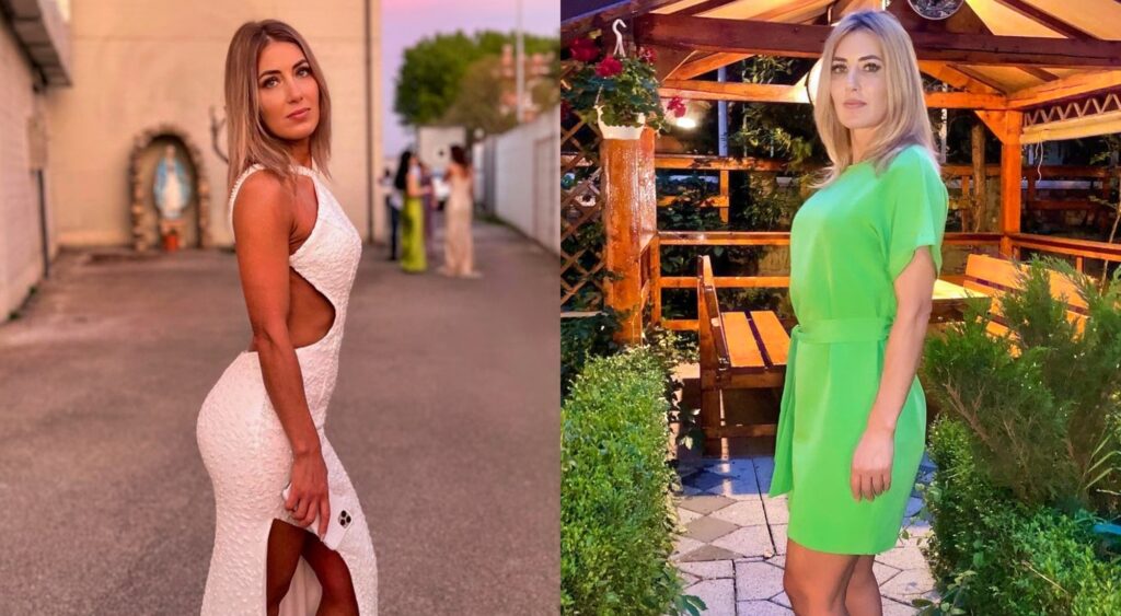 Photos of Lucy Dragoi in white and green dresses