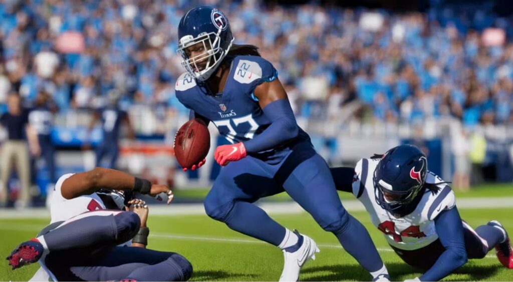Derrick Henry running the ball in the Madden video game.