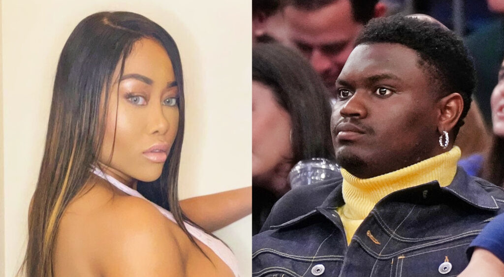 Photo of Moriah Mills in lingerie and photo of Zion Williamson in turtleneck and jacket