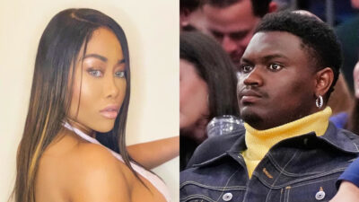 Photo of Moriah Mills in lingerie and photo of Zion Williamson in turtleneck and jacket