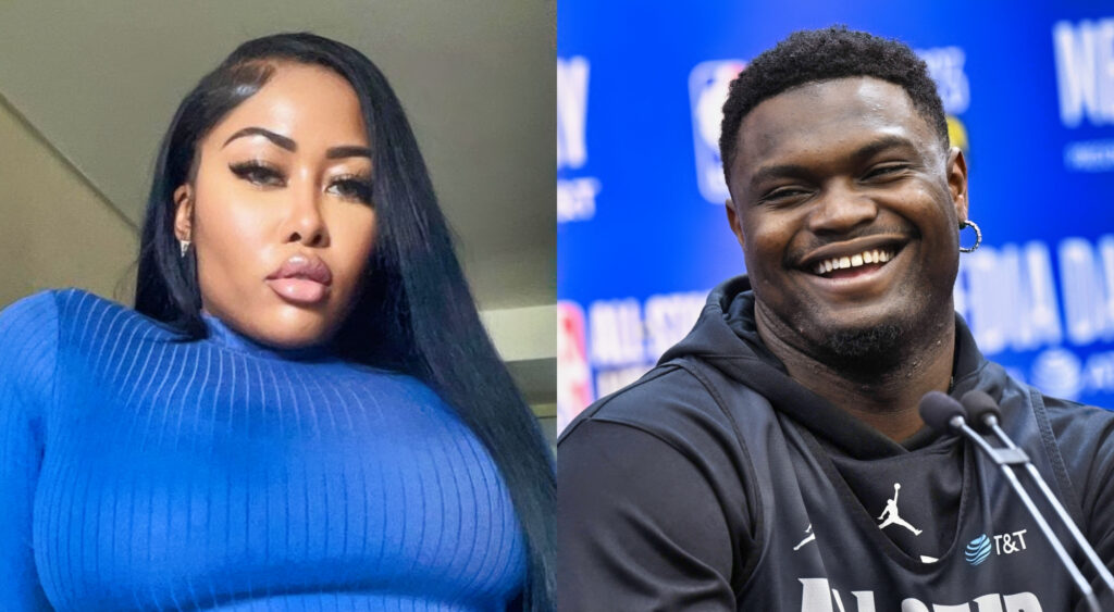 Photo of Moria Mills in blue top and photo of Zion Williamson smiling