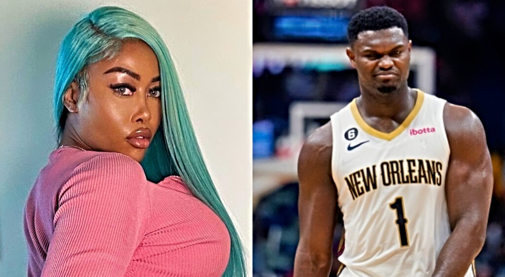 Photo of Moriah Mills with green hair and pink outfit and photo of Zion Williamson smirking