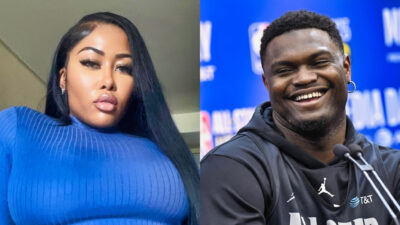 Photo of Moria Mills in blue top and photo of Zion Williamson smiling