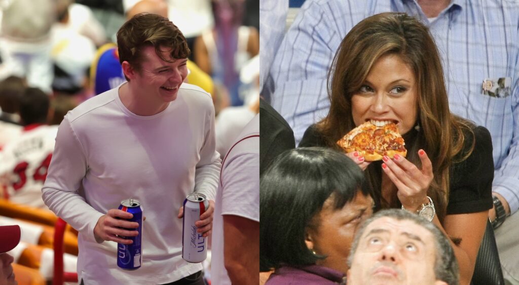 Split image of a Heat fan holding two beers and a female fan eating a pizza.