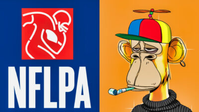 Photo of NFLPA logo and photo of ape NFT