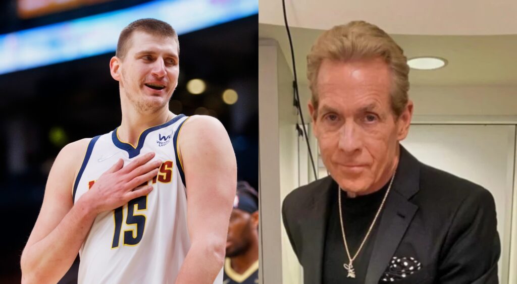 Split image of Nikola Jokic tapping his chest during a game and Skip Bayless looking at the camera.