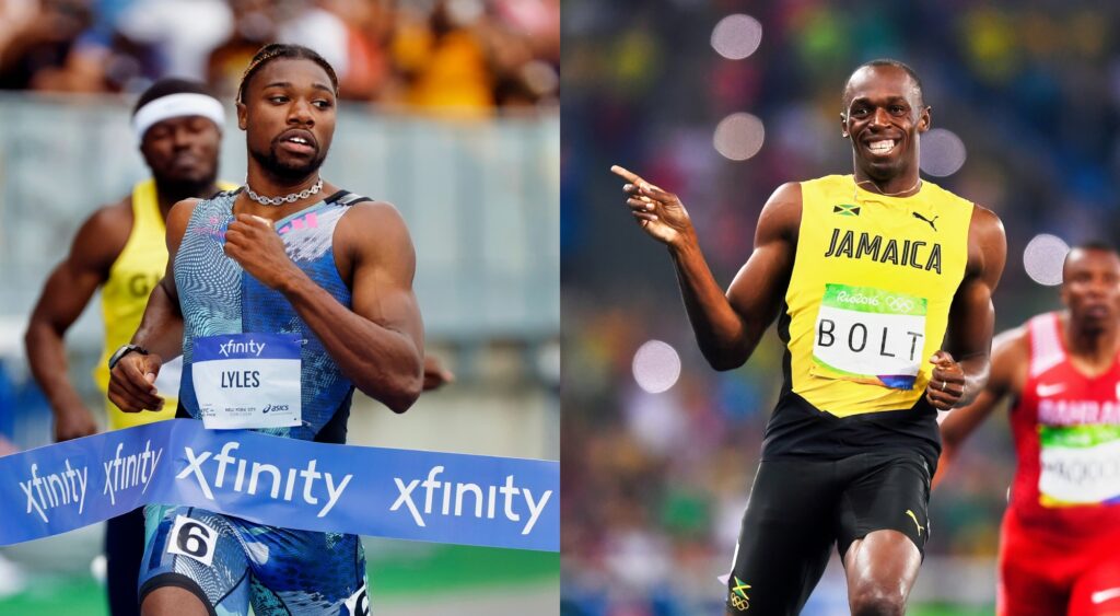 Split image of Noah Lyles crossing the finish line and Usain Bolt pointing after winning a race.
