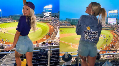 Photos of Olivia Dunne in the bleachers at college baseball game