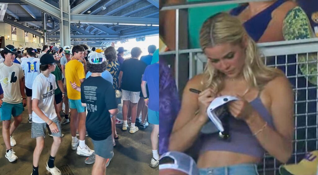 Split image of a crowd gathering in the concourse at the College World Series and Olivia Dunne signing a hat at her seat.